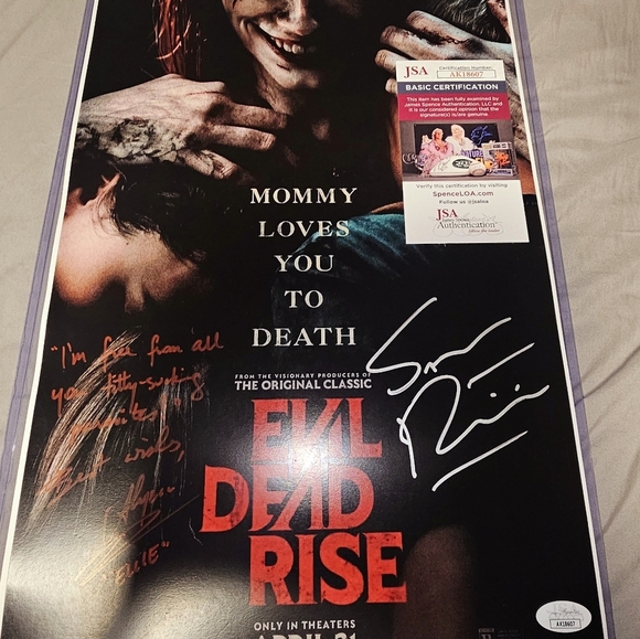 Sam Raimi and Alyssa Sutherland SIGNED 'EVIL DEAD RISE 11x17 INSCRIPTION AND JSA - Picture 4 of 5